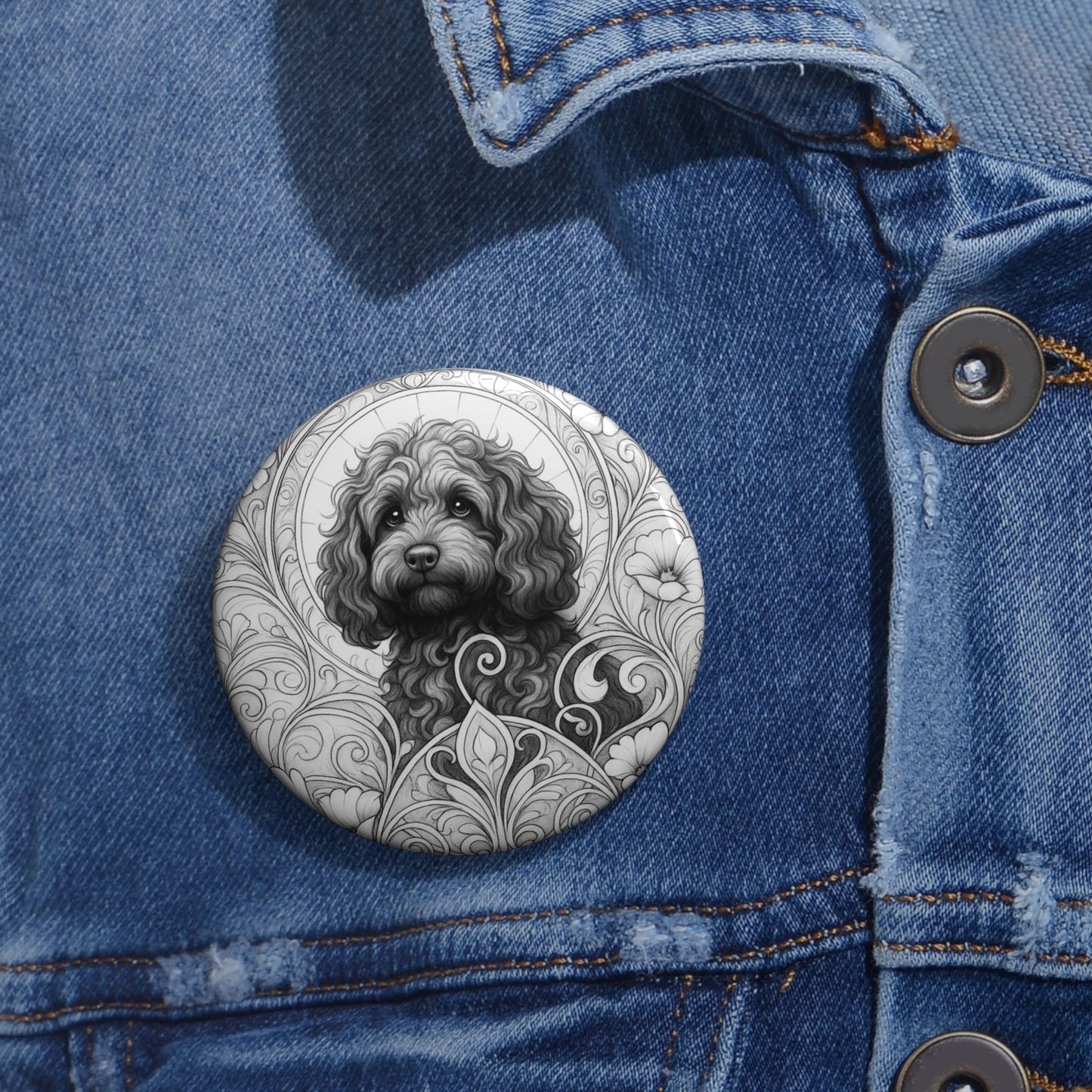 Cavapoo (Cavoodle) Dog Pin Button (Black and White) - Vintage Design Gift for Dog Lovers