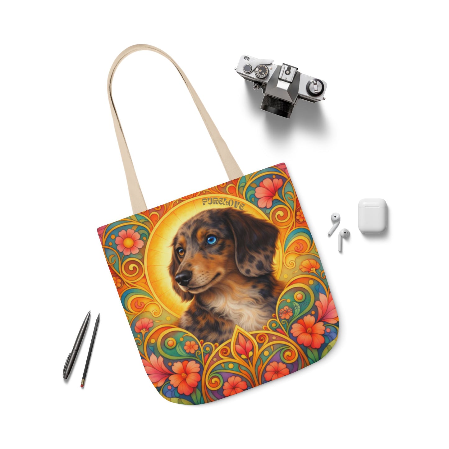 Dachshund Merle Wirehaired All-Over Print Canvas Tote Bag – Colourful Artistic Dog Lover Gift