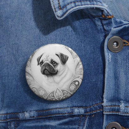 Pug Dog Pin Button (Black and White) - Vintage Design Gift for Dog Lovers