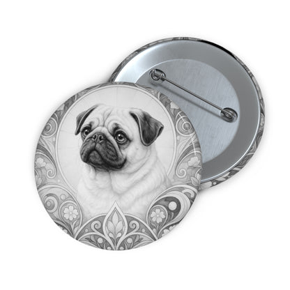 Pug Dog Pin Button (Black and White) - Vintage Design Gift for Dog Lovers