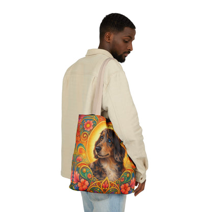 Dachshund Merle Wirehaired All-Over Print Canvas Tote Bag – Colourful Artistic Dog Lover Gift