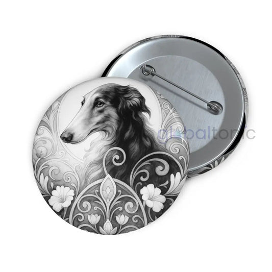 Borzoi Dog Pin Button (Black & White) - Vintage Design Gift for Dog Lovers 2.25’’ Accessories