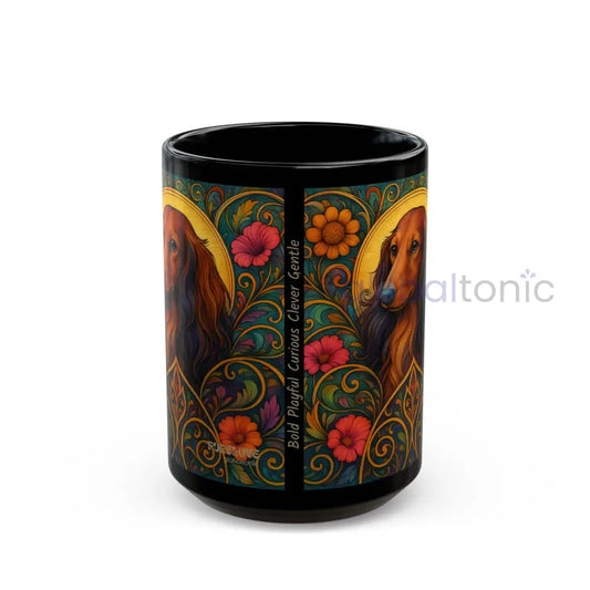 Longhair Dachshund Dog Lover Black Mug – Vintage Pet Themed Cup for Gifts & Home Decor 15oz Mug