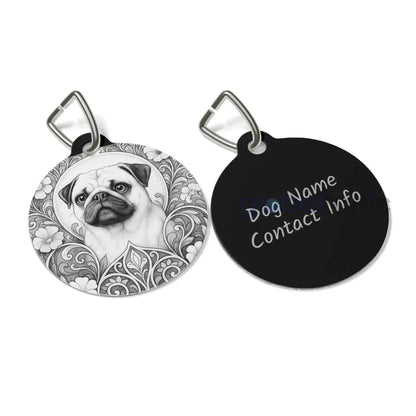 Pug Dog Tag (Black & White) - Vintage Design Gift for Dog Lovers & Pet Owners 1’’ Pets