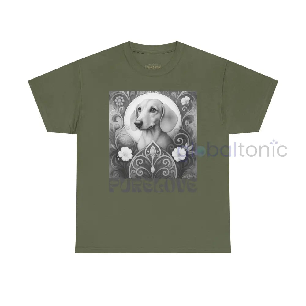 Tan Dachshund Shorthair Vintage Unisex Cotton Tee for Dog Lovers (Black & White) Military Green / S T-Shirt